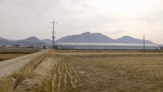 A rural farm with greenhouses and mountains