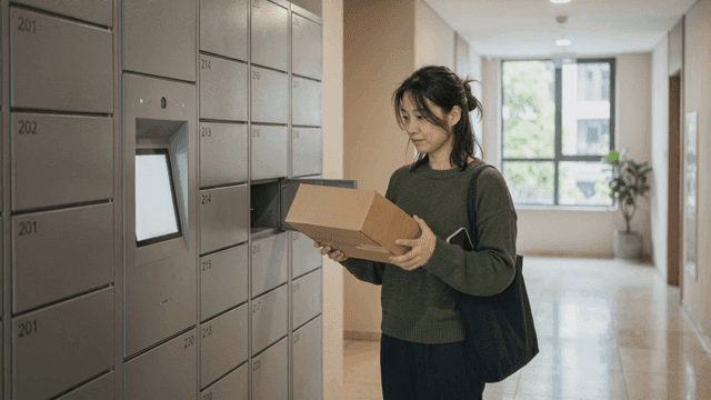 Woman receiving package from parcel locker