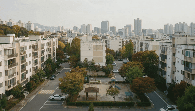Apartment complex with city skyline