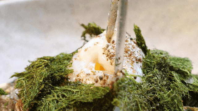 Chopsticks breaking soft-boiled egg on top of sesame oil buckwheat noodles