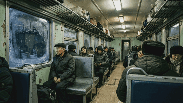 Passengers in cold, old train carriage