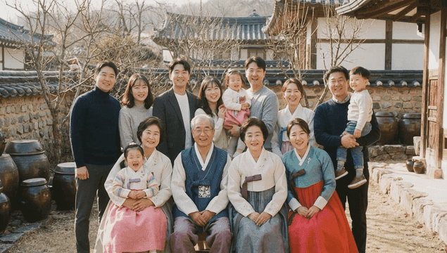 Holiday family gathering in traditional Korean house