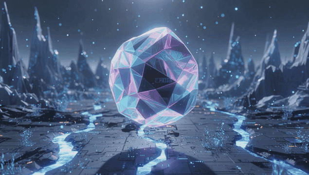 Futuristic landscape with glowing crystal