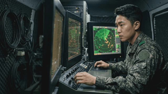 Soldier operating radar equipment.