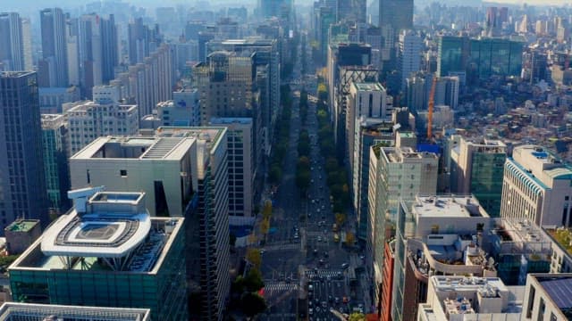 Bustling city with tall skyscrapers