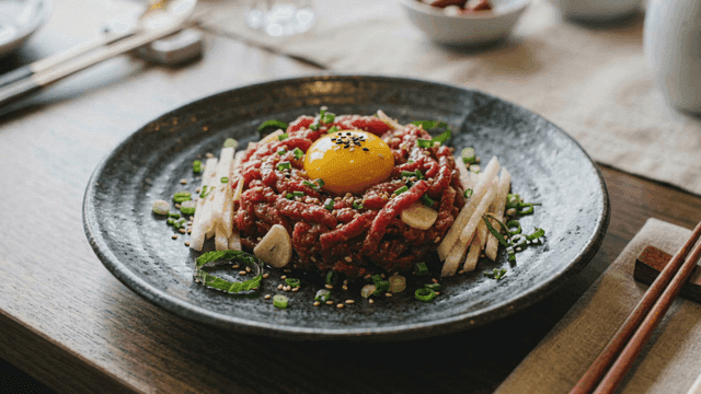 Yukhoe topped with egg yolk