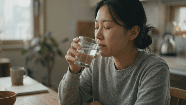 Woman drinking water at table