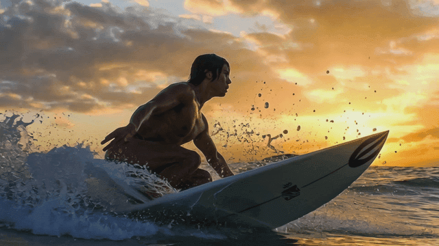 Surfer riding waves at sunset