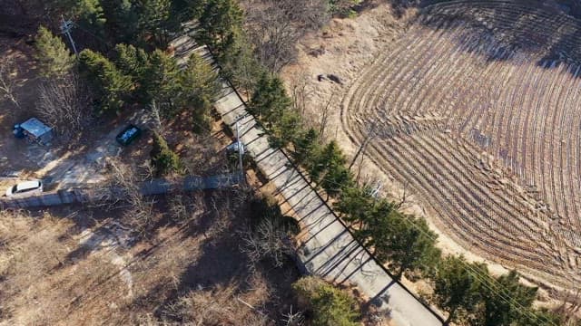시골 도로를 달리다 주차장으로 들어서는 차량