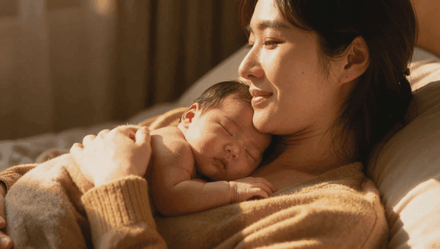 잠든 갓난 아기를 안고 있는 엄마