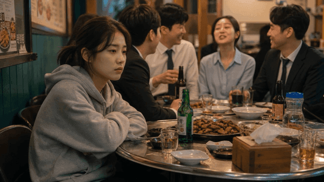 Young woman who is lonely, separated from office workers enjoying meal at restaurant.