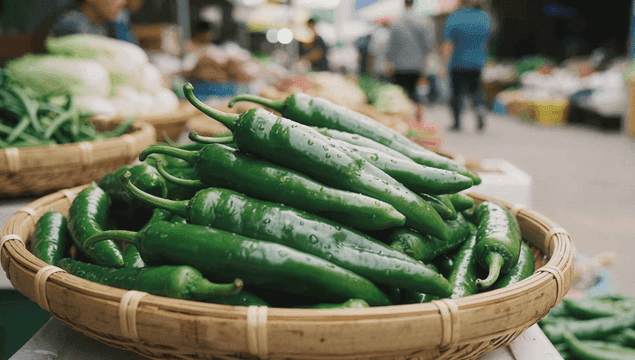 시장 바구니에 담긴 신선한 고추