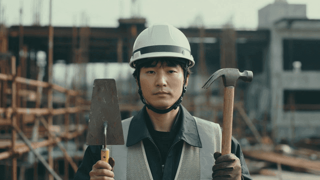Construction worker holding tools