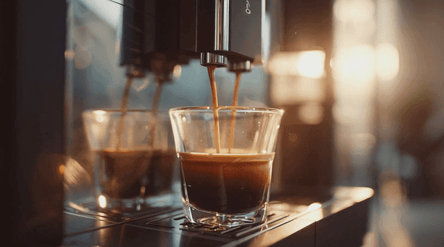 커피머신에서 커피가 추출되는 장면