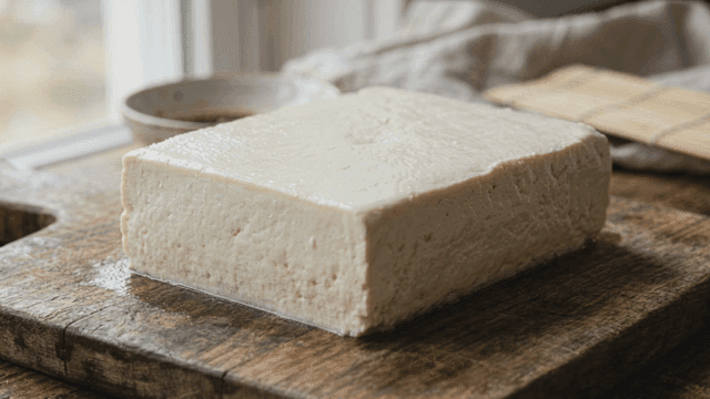 Fresh tofu placed on wooden cutting board.