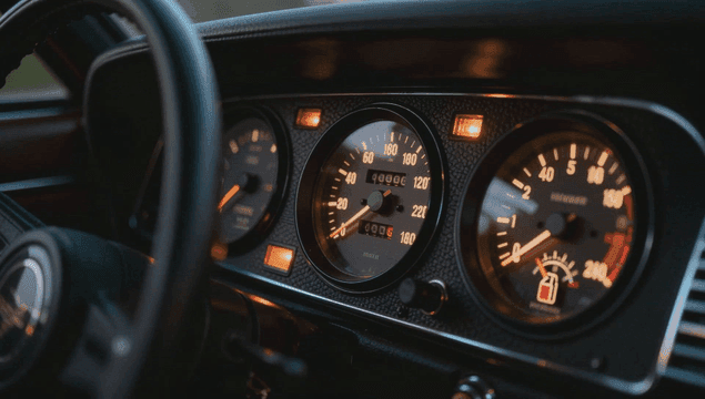 불이 켜진 구형 자동차 계기판