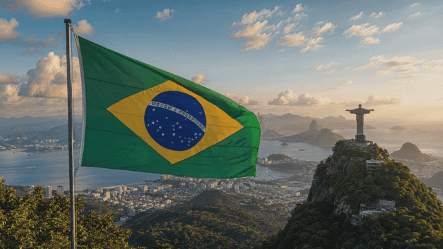 Brazilian flag waving near iconic statue of Jesus.
