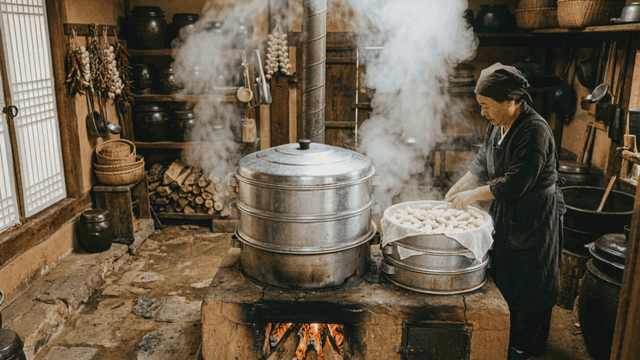 Grandmother steaming rice cakes in traditional kitchen