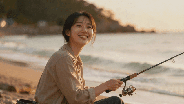 Woman smiling and fishing on beach at sunset