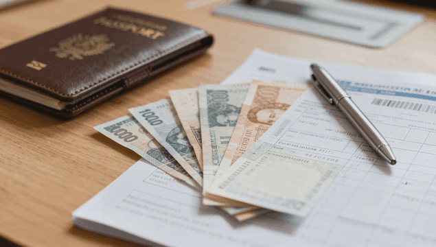 Passport and foreign currencies on desk