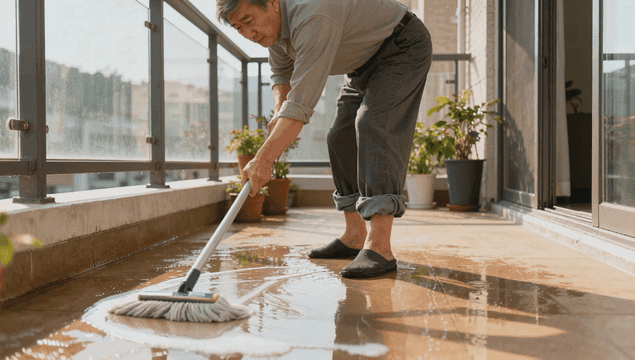 Senior man cleaning sunlit balcony with mop