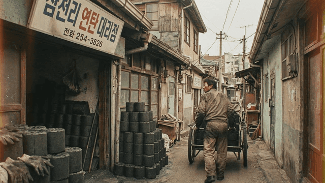 Man pushing coal cart in old alley