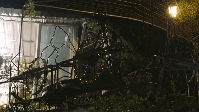 조명 장식이 있는 야외 마당