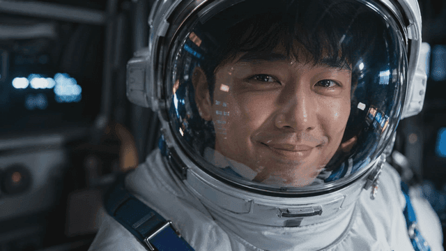 Astronaut smiling leisurely inside spaceship