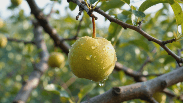 Dew on branches and fresh pears