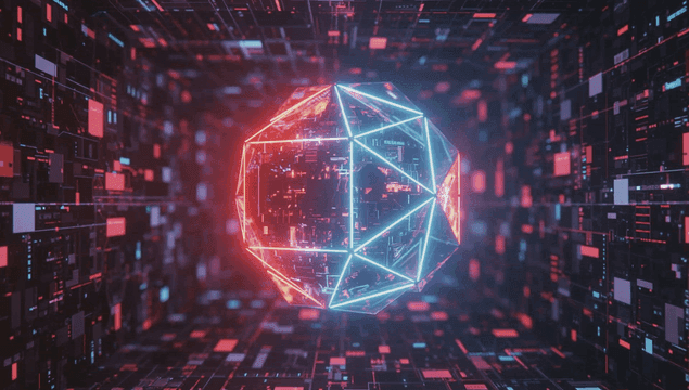 Glowing geometric shape in a digital space