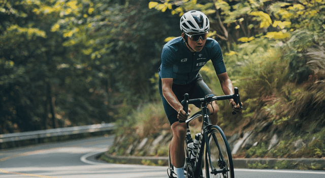 Cyclist riding on a winding forest road