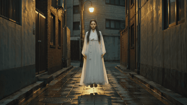 Female ghost wearing hanbok standing in alley