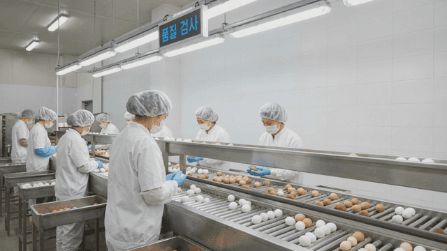 Workers sorting eggs in a factory