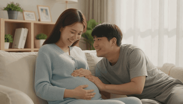 만삭의 아내의 배에 입맞춤하는 남편