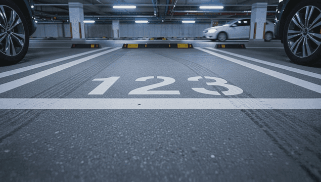 Empty parking spaces in a large underground garage