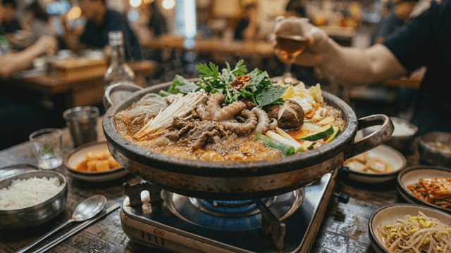 Seafood hot pot with various ingredients