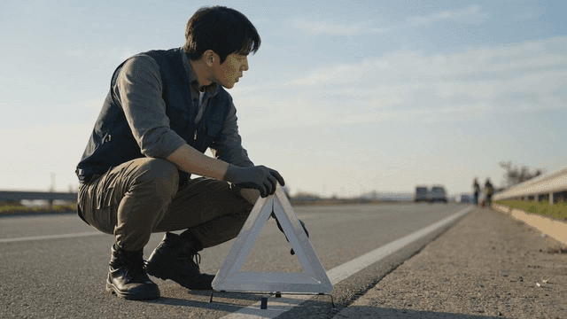 Man setting up a warning triangle on the road