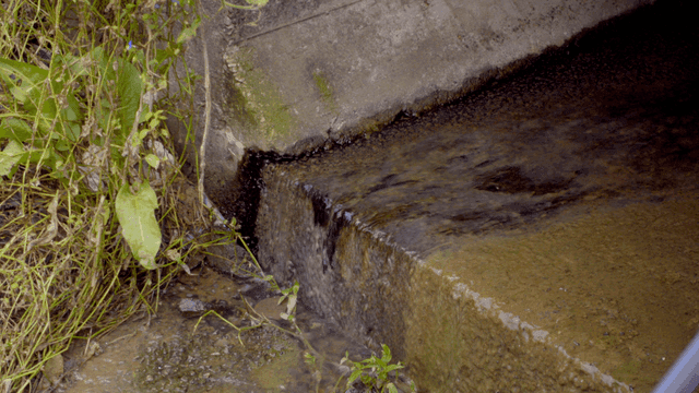 작은 콘크리트 경사면을 흐르는 물