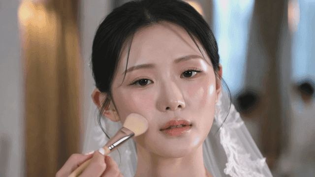 Bride getting her makeup done with brush