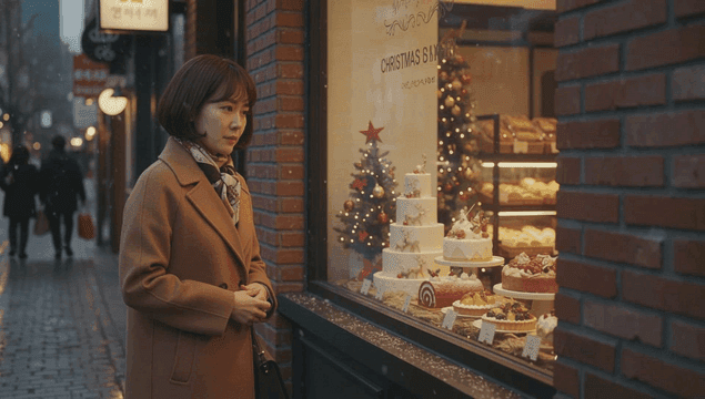빵집 창문에 진열된 크리스마스 케이크를 바라보는 여자