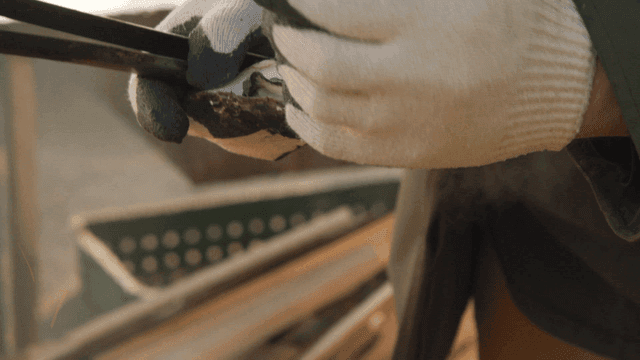 Person wearing gloves opening oyster cave
