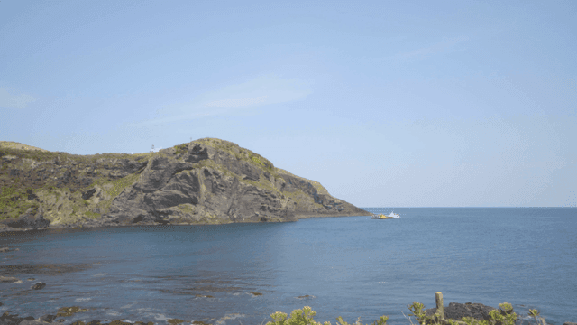 Rocky coastline with a distant boat