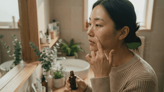 Woman applying skincare products in bathroom