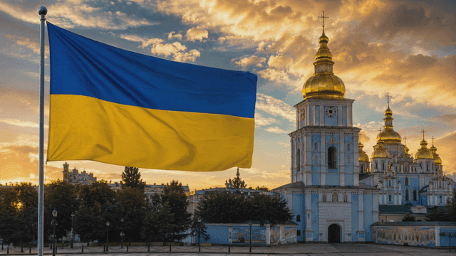 Ukrainian flags waving near historic cathedral