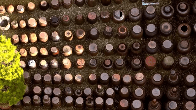 야외에 놓인 전통 한국 장독대