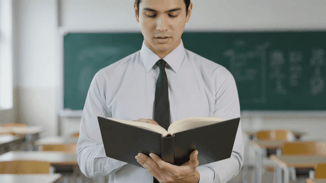 Teacher reading book in classroom