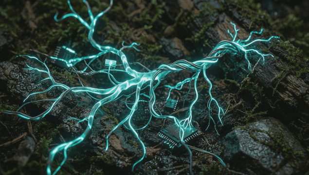 습한 숲 뿌리와 얽힌 빛나는 전선