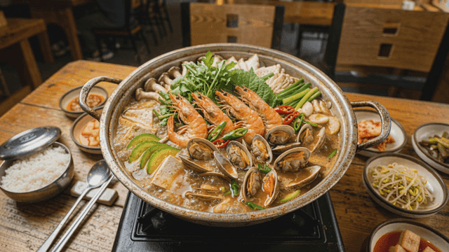 Steaming seafood stew on table.