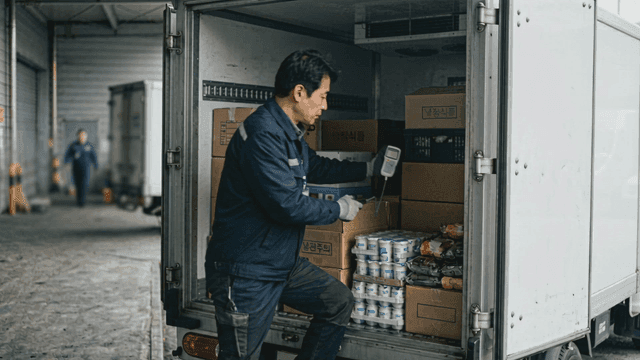 Worker checking temperature in food delivery truck