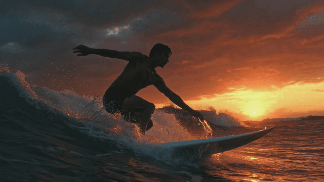 Male surfer riding waves at sunset